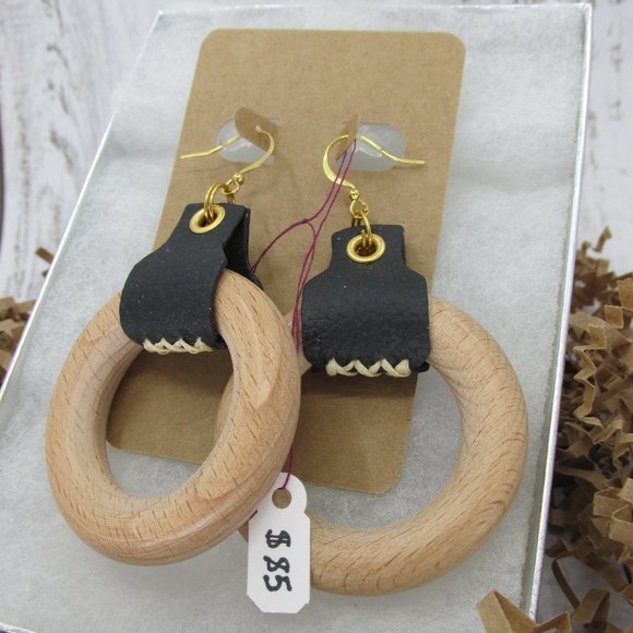 Artisan Jewelry - Genuine Leather and Wood Circle Earrings